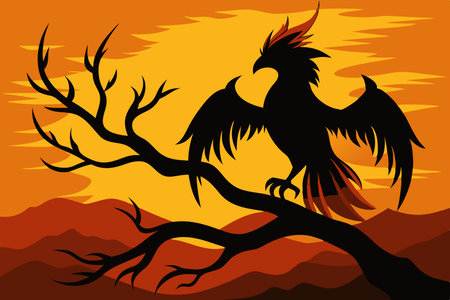 Silhouette of a Phoenix Perched on a Tree Branch at Sunsetのイラスト素材