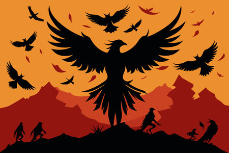 Majestic Phoenix Soaring with Birds in the Twilight Skyのイラスト素材