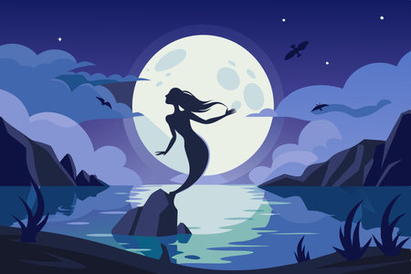 Ethereal Silhouette of a Selkie Dancing Gracefully on the Moonlit Shoreのイラスト素材