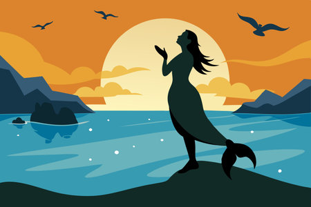 Ethereal Silhouette of a Selkie's Hauntingly Beautiful Song at the Shoreのイラスト素材
