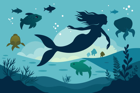Mystic Silhouette of a Selkie Swimming Alongside Sea Turtles in the Ocean Depthsのイラスト素材