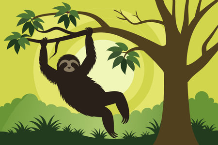 Sloth's Serene Silhouette Hanging from a Tree Limbのイラスト素材