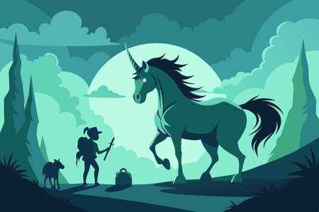 Silhouette of a Unicorn Guiding a Lost Traveler in a Mystical Forestのイラスト素材