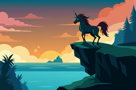 Majestic Silhouette of a Unicorn on a Cliff Overlooking the Vast Expanseのイラスト素材