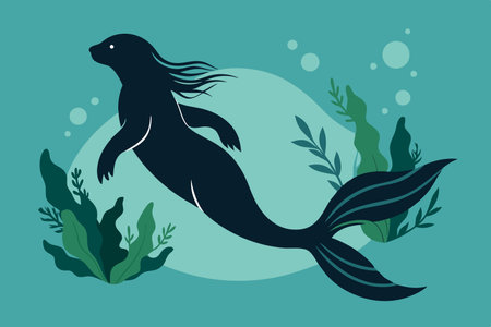 Silhouette of a Mystical Selkie Transforming into a Seal at Seaのイラスト素材