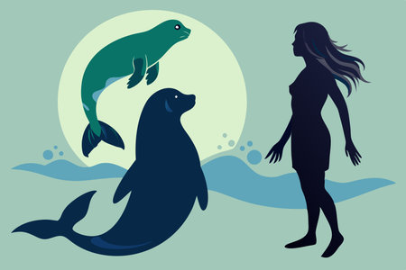 Mystical Transformation: Silhouette of a Selkie Emerging from Seal Form in the Moonlightのイラスト素材