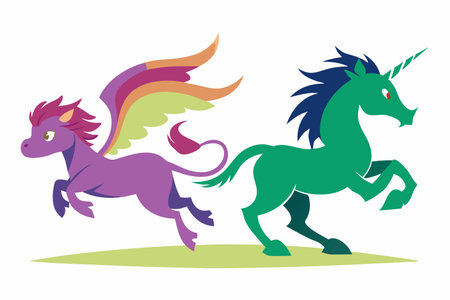 Enchanting Encounter: Silhouette of a Unicorn and Dragon in Friendshipのイラスト素材