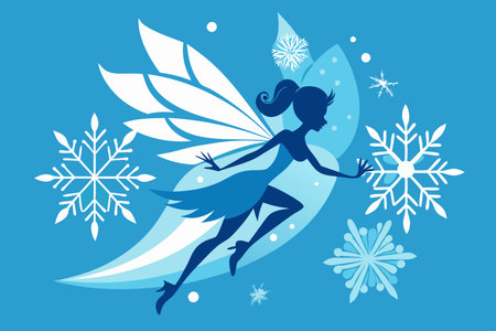 Silhouette of an Enchanting Snow Fairy Riding a Sparkling Snowflakeのイラスト素材