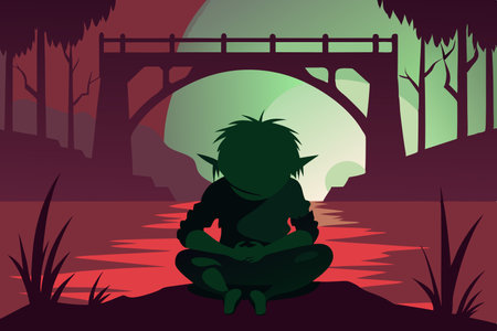 Mysterious Troll Lurking Underneath a Stone Bridge at Nightのイラスト素材