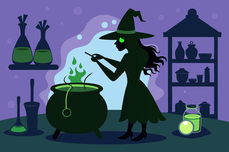 Silhouette of a Witch Brewing Magical Potions in Her Bubbling Cauldronのイラスト素材