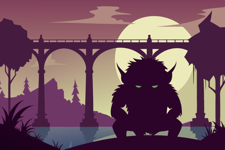 Eerie Silhouette of a Lurking Troll Beneath a Stone Bridge Archのイラスト素材