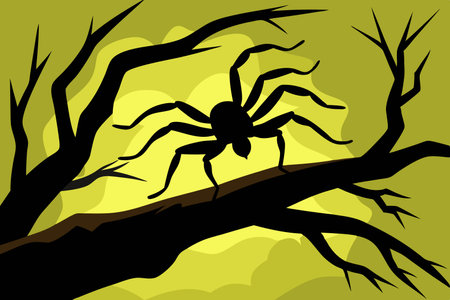 Chilling Silhouette of a Tarantula Crawling on a Branch in the Nightのイラスト素材