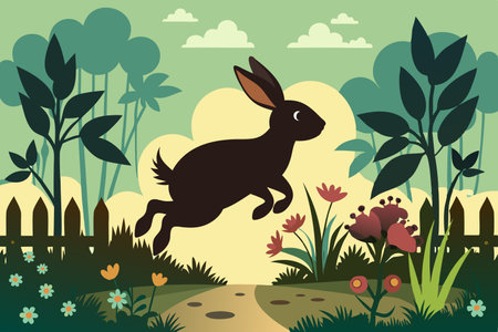 Graceful Rabbit Silhouette Leaping in a Serene Garden Bloomのイラスト素材