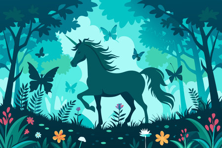 Enchanting Unicorn's Silhouette Amidst Fluttering Butterfliesのイラスト素材