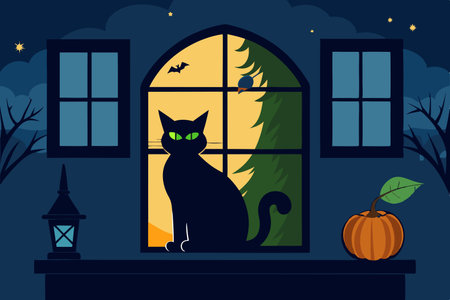 Eerie Silhouette of a Witch's Cat Perched on a Windowsill at Twilightのイラスト素材