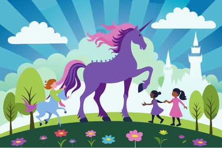 Silhouette of a Majestic Unicorn Offering Enchanting Rides to Joyous Children Under a Starlit Skyのイラスト素材