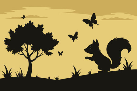 Agile Squirrel's Pursuit of an Elusive Butterfly in Silhouetteのイラスト素材