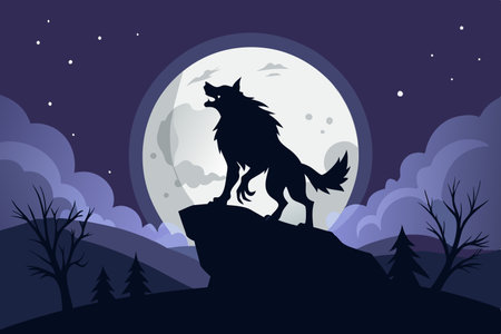 Haunting Silhouette of a Werewolf Calling Out to the Full Moonのイラスト素材