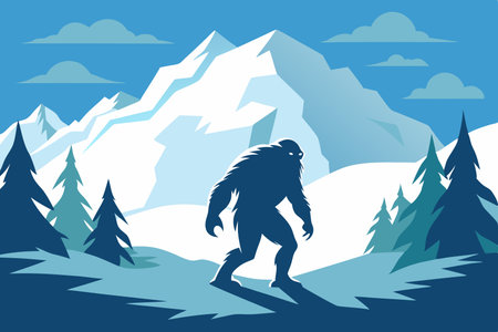 Mysterious Yeti Silhouetted Against a Snowy Mountain Landscapeのイラスト素材