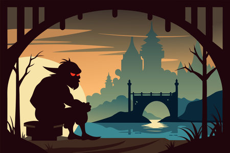 Moody Silhouette of a Solitary Troll Lurking Beneath an Ominous Bridgeのイラスト素材