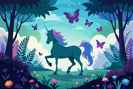 Unicorn Silhouette Amidst a Fluttering Butterfly Havenのイラスト素材