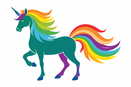 Enchanted Silhouette of a Unicorn Gracefully Embraced by a Rainbow Maneのイラスト素材