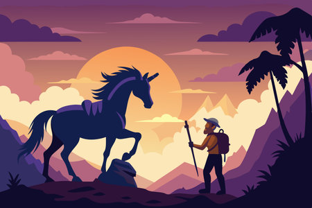 A lost traveler guided by the graceful silhouette of a unicorn in a surreal twilightのイラスト素材