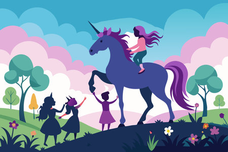 Enchanting Silhouette of a Unicorn Guiding Young Riders Through the Magical Realmのイラスト素材