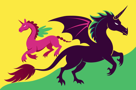 Majestic Silhouettes of Unicorn and Dragon Dancing in Moonlightのイラスト素材