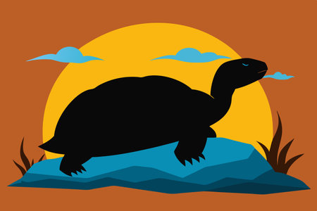 Serene Silhouette of a Tortoise Basking on a Coastal Boulderのイラスト素材