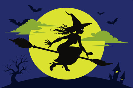Silhouette of a Witch Soaring Through the Night Sky on Her Broomstickのイラスト素材