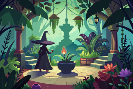 Silhouette of an Enchanting Witch's Garden Adorned with Magical Delightsのイラスト素材