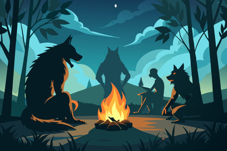 Eerie Silhouette of a Werewolf Lounging by a Campfire's Glowのイラスト素材