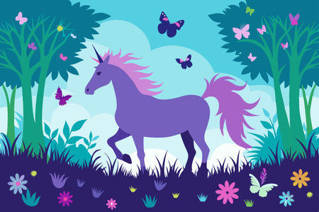 Mystical Unicorn Silhouetted Amidst Fluttering Butterfliesのイラスト素材