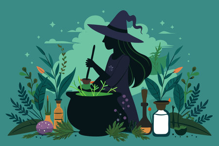 Silhouette of a Witch Brewing a Mysterious Potion in a Dimly Lit Roomのイラスト素材