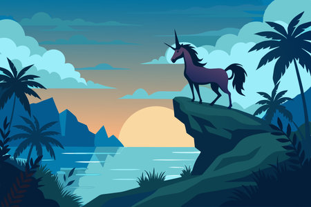 Majestic Silhouette of a Unicorn Gazing at the Vast Horizon from atop a Cliff's Edgeのイラスト素材