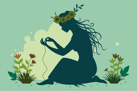 Silhouette of an Ethereal Wood Nymph Crafting a Floral Crown in the Enchanted Forestのイラスト素材