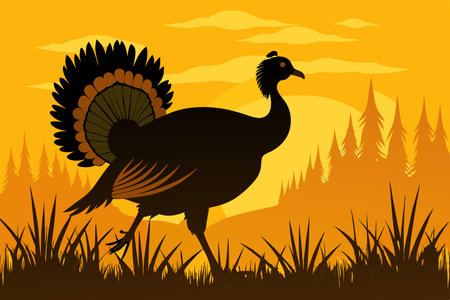 Silhouette of a Strutting Wild Turkey Amidst a Verdant Fieldのイラスト素材