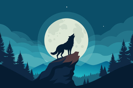Lone Wolf's Howl Resonates Under an Ethereal Moonlit Skyのイラスト素材