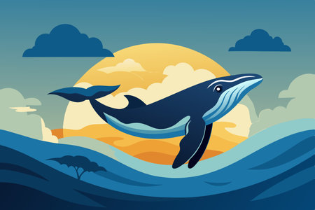 Majestic Silhouette of a Humpback Whale Breaching the Ocean Surface at Sunsetのイラスト素材
