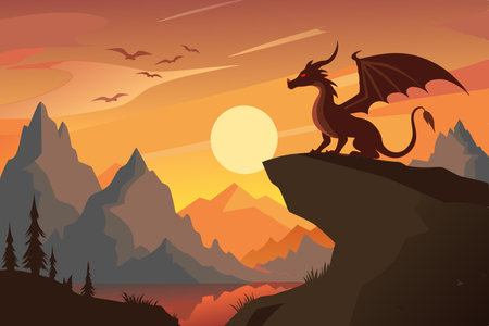 Silhouette of a Majestic Dragon Resting on a Cliff at Sunsetのイラスト素材