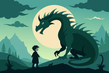 Silhouette of a Mighty Dragon Engaging with a Curious Humanのイラスト素材
