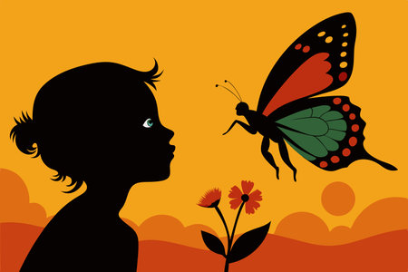 Silhouette of a Butterfly Gently Landing on a Child's Nose in Natureのイラスト素材