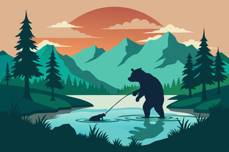 Silhouette of a Solitary Bear Fishing in the Tranquil River Waters at Sunriseのイラスト素材