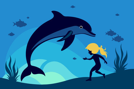 Silhouette of a Child Swimming with a Dolphin at Sunsetのイラスト素材