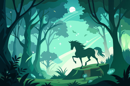 Mythical Gallop: Silhouette of a Centaur Racing through an Enchanted Forestのイラスト素材