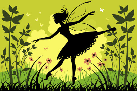 Enchanting Silhouette of a Fairy Dancing Amidst a Floral Tapestryのイラスト素材