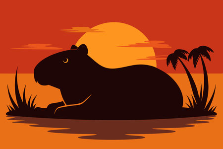 Tranquil Silhouette of a Capybara Relaxing by the Serene Watersのイラスト素材
