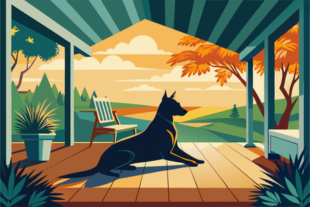 Canine Silhouette Lounging Gracefully on Sunny Porchのイラスト素材