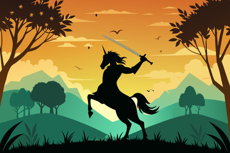 Silhouette of a Regal Centaur Practicing Swordsmanshipのイラスト素材